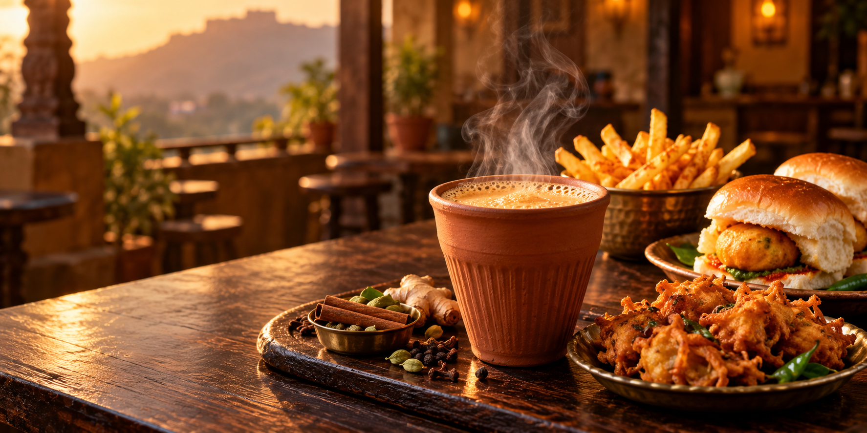 Kulhad chai, vada pav and kanda bhaji at Shreeram Cafe in Maharashtra